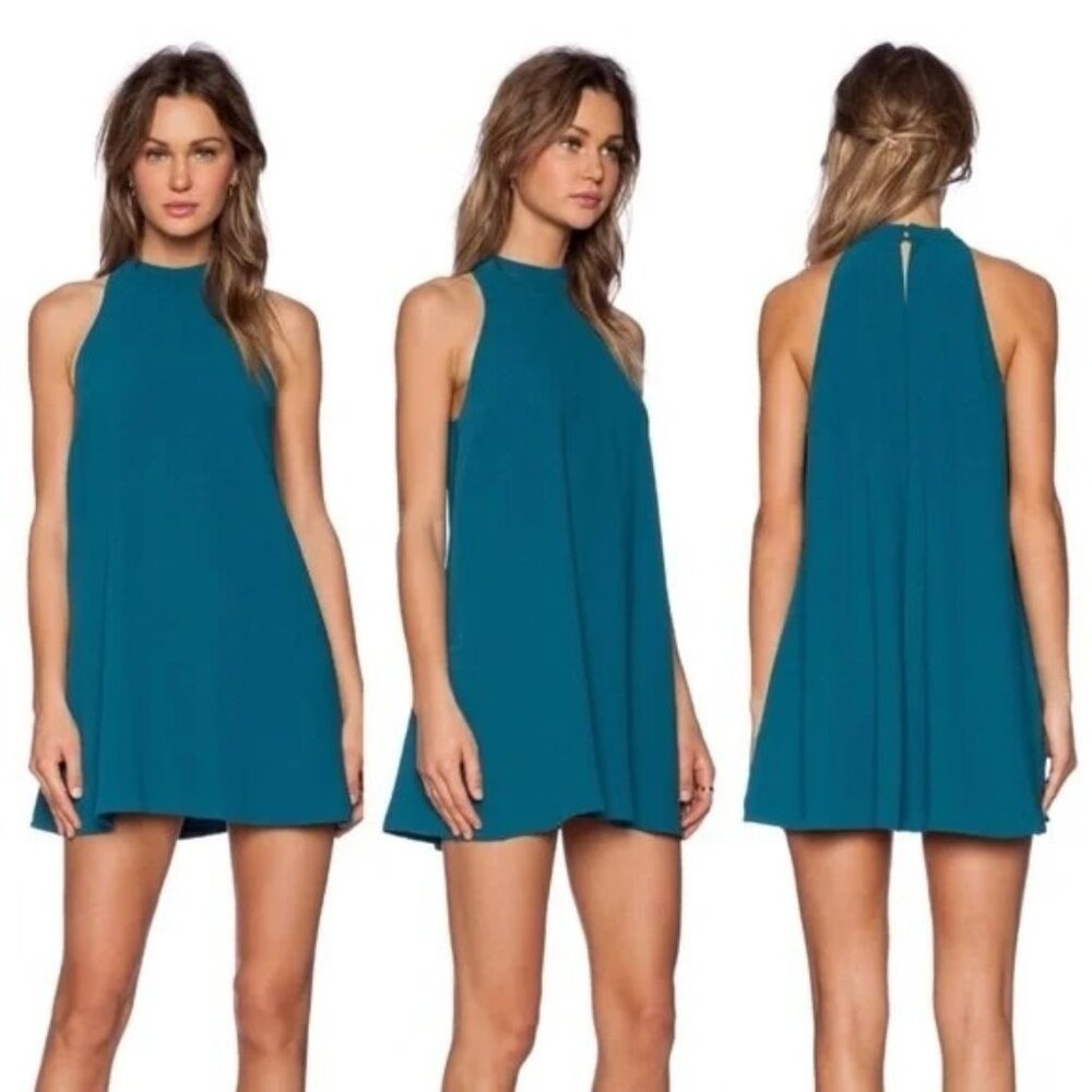 Lovers + Friends High Neck Shift Mini Dress Pockets Keyhole Back Teal Large